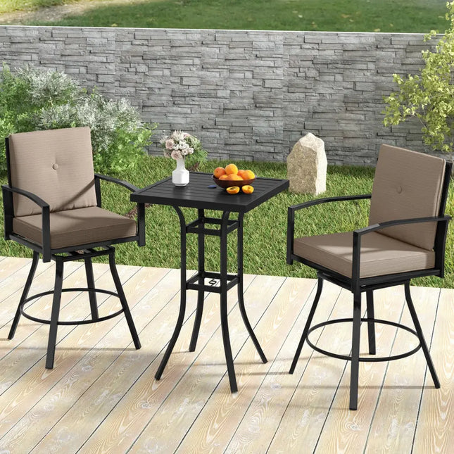 3 Pieces Patio Swivel Bar Set with Soft Cushions and Umbrella Hole-Brown - Brown - Patio Bar Furniture