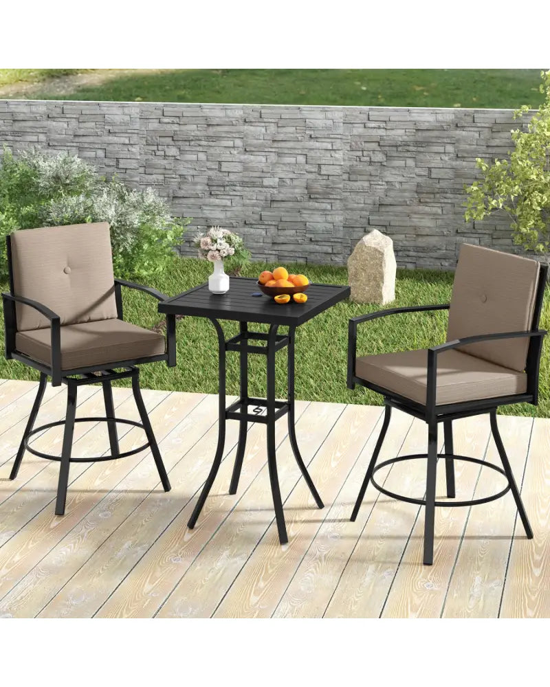 3 Pieces Patio Swivel Bar Set with Soft Cushions and Umbrella Hole-Brown - Brown - Patio Bar Furniture