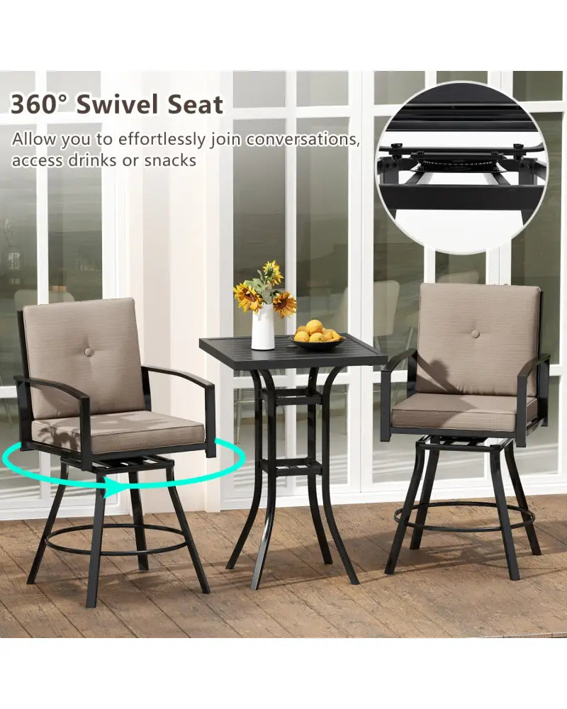 3 Pieces Patio Swivel Bar Set with Soft Cushions and Umbrella Hole-Brown - Brown - Patio Bar Furniture