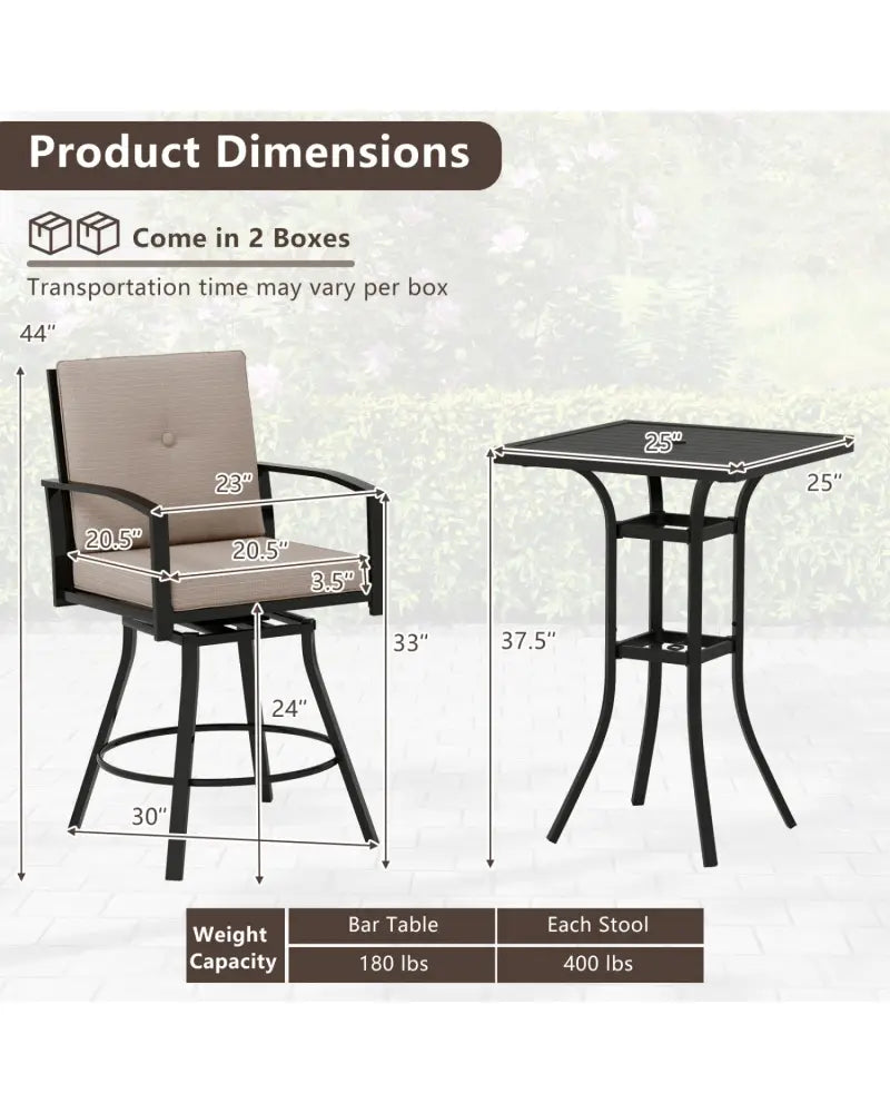 3 Pieces Patio Swivel Bar Set with Soft Cushions and Umbrella Hole-Brown - Brown - Patio Bar Furniture