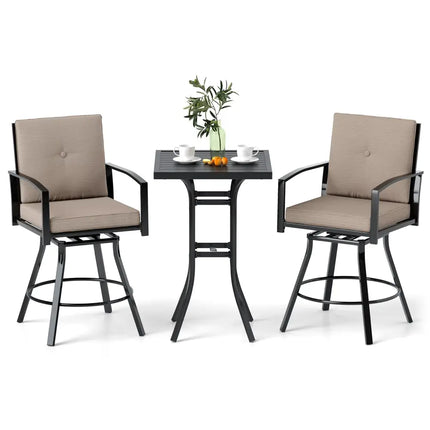 3 Pieces Patio Swivel Bar Set with Soft Cushions and Umbrella Hole-Brown - Brown - Patio Bar Furniture
