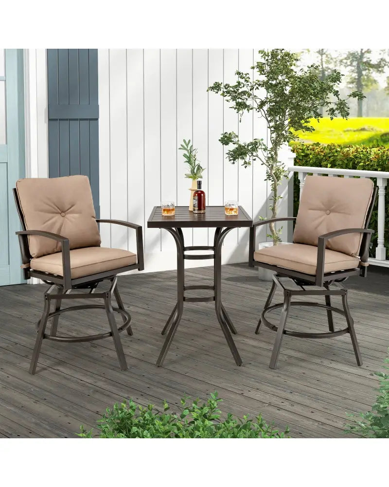 3 Pieces Patio Swivel Bar Table Set with Removable Cushions and Rustproof Metal Frame - Beige - Patio Bar Furniture