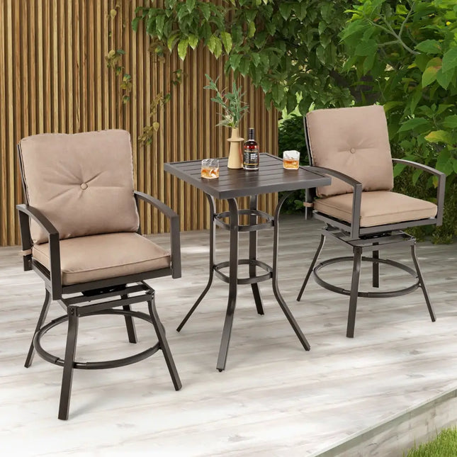 3 Pieces Patio Swivel Bar Table Set with Removable Cushions and Rustproof Metal Frame - Beige - Patio Bar Furniture