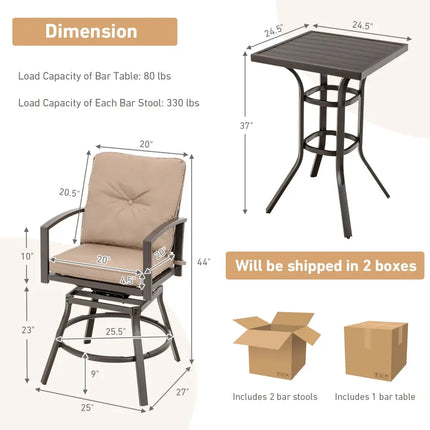 3 Pieces Patio Swivel Bar Table Set with Removable Cushions and Rustproof Metal Frame - Beige - Patio Bar Furniture