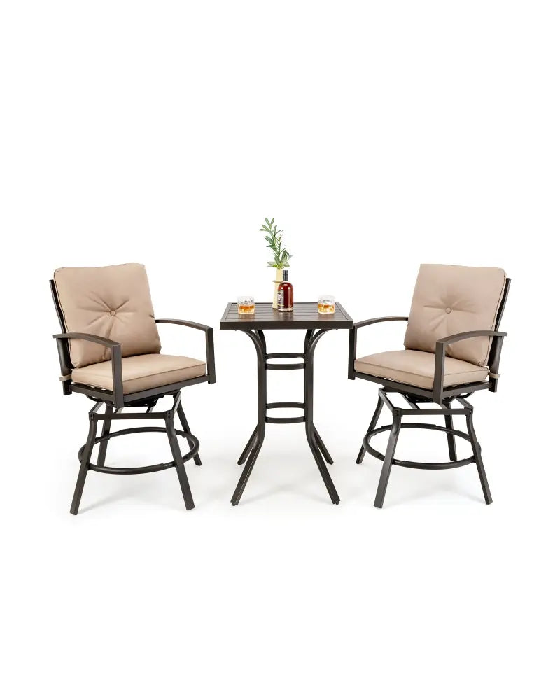 3 Pieces Patio Swivel Bar Table Set with Removable Cushions and Rustproof Metal Frame - Beige - Patio Bar Furniture