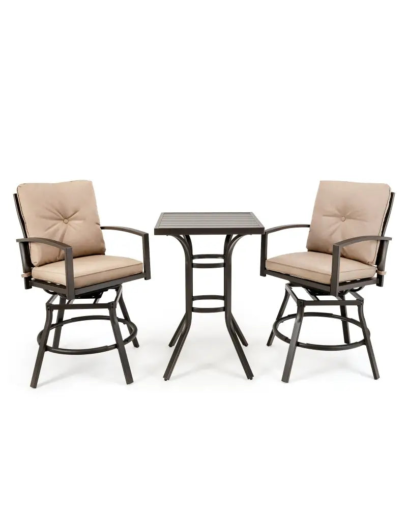3 Pieces Patio Swivel Bar Table Set with Removable Cushions and Rustproof Metal Frame - Beige - Patio Bar Furniture