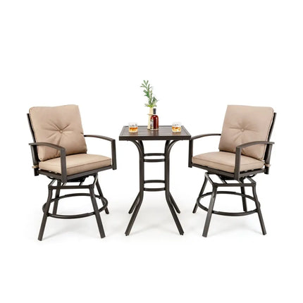 3 Pieces Patio Swivel Bar Table Set with Removable Cushions and Rustproof Metal Frame - Beige - Patio Bar Furniture