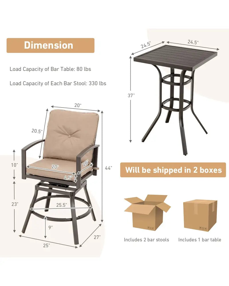 3 Pieces Patio Swivel Bar Table Set with Removable Cushions and Rustproof Metal Frame - Beige - Patio Bar Furniture
