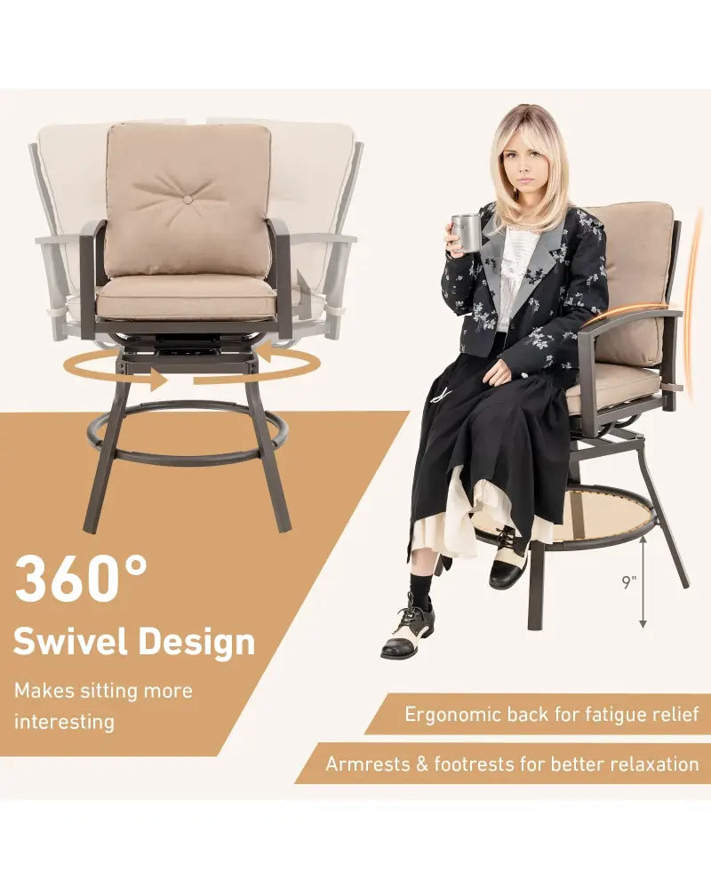 3 Pieces Patio Swivel Bar Table Set with Removable Cushions and Rustproof Metal Frame - Beige - Patio Bar Furniture