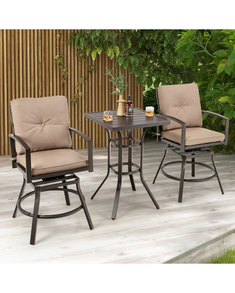3 Pieces Patio Swivel Bar Table Set with Removable Cushions and Rustproof Metal Frame - Beige - Patio Bar Furniture