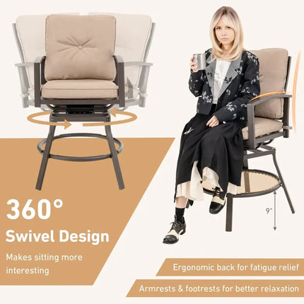 3 Pieces Patio Swivel Bar Table Set with Removable Cushions and Rustproof Metal Frame - Beige - Patio Bar Furniture