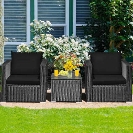 3 Pieces Patio Wicker Conversation Set with Cushion-Black - Black - Patio Conversation Sets