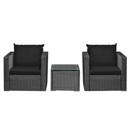 3 Pieces Patio Wicker Conversation Set with Cushion-Black - Black - Patio Conversation Sets