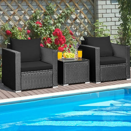 3 Pieces Patio Wicker Conversation Set with Cushion-Black - Black - Patio Conversation Sets