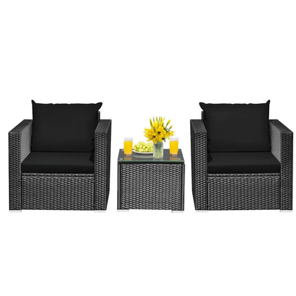 3 Pieces Patio Wicker Conversation Set with Cushion-Black - Black - Patio Conversation Sets