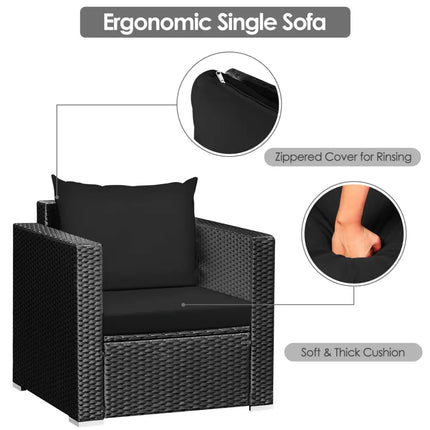 3 Pieces Patio Wicker Conversation Set with Cushion-Black - Black - Patio Conversation Sets