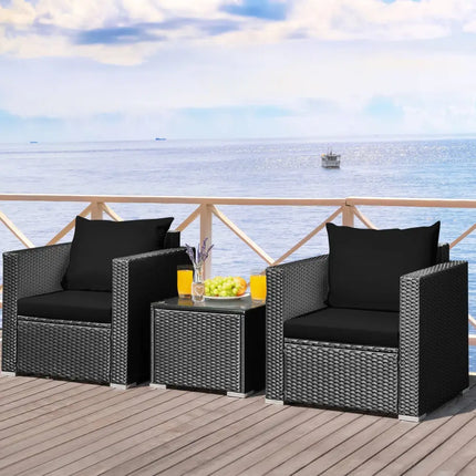 3 Pieces Patio Wicker Conversation Set with Cushion-Black - Black - Patio Conversation Sets
