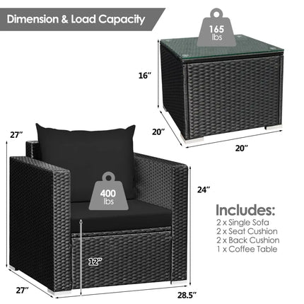 3 Pieces Patio Wicker Conversation Set with Cushion-Black - Black - Patio Conversation Sets