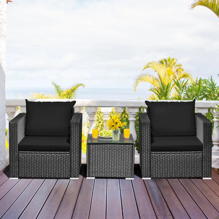 3 Pieces Patio Wicker Conversation Set with Cushion-Black - Black - Patio Conversation Sets