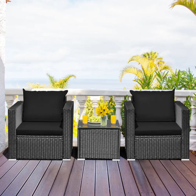 3 Pieces Patio Wicker Conversation Set with Cushion-Black - Black - Patio Conversation Sets