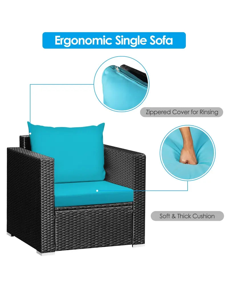 3 Pieces Patio Wicker Conversation Set with Cushion-Turquoise - Turquoise - Patio Conversation Sets