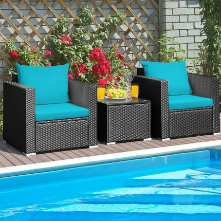 3 Pieces Patio Wicker Conversation Set with Cushion-Turquoise - Turquoise - Patio Conversation Sets
