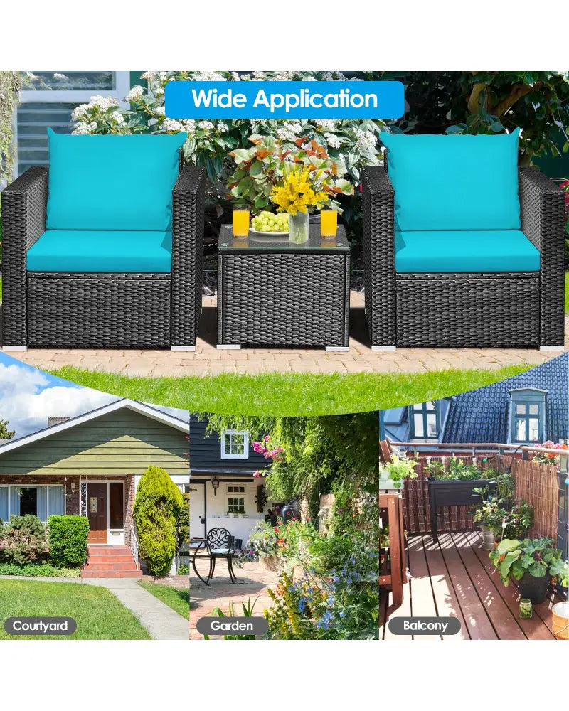 3 Pieces Patio Wicker Conversation Set with Cushion-Turquoise - Turquoise - Patio Conversation Sets