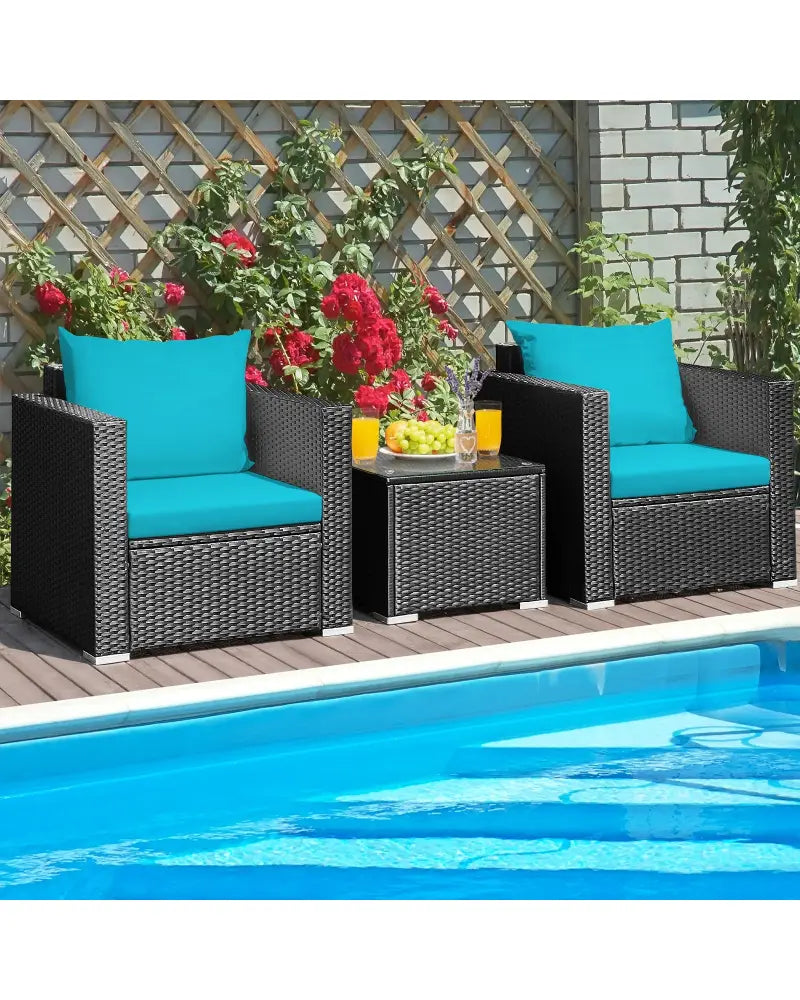 3 Pieces Patio Wicker Conversation Set with Cushion-Turquoise - Turquoise - Patio Conversation Sets