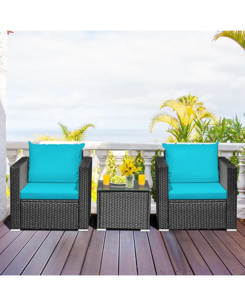 3 Pieces Patio Wicker Conversation Set with Cushion-Turquoise - Turquoise - Patio Conversation Sets