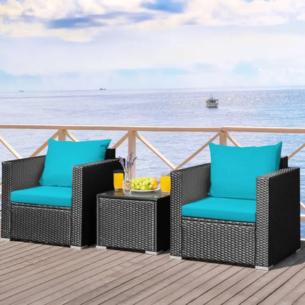 3 Pieces Patio Wicker Conversation Set with Cushion-Turquoise - Turquoise - Patio Conversation Sets