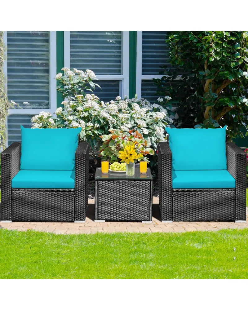 3 Pieces Patio Wicker Conversation Set with Cushion-Turquoise - Turquoise - Patio Conversation Sets