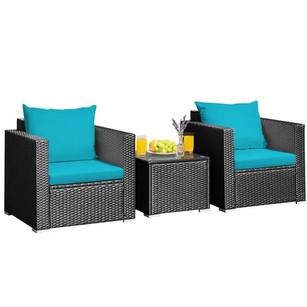 3 Pieces Patio Wicker Conversation Set with Cushion-Turquoise - Turquoise - Patio Conversation Sets