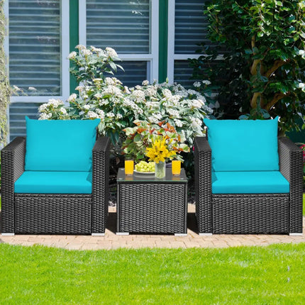 3 Pieces Patio Wicker Conversation Set with Cushion-Turquoise - Turquoise - Patio Conversation Sets