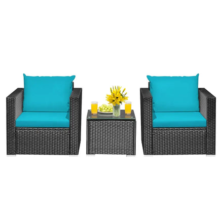 3 Pieces Patio Wicker Conversation Set with Cushion-Turquoise - Turquoise - Patio Conversation Sets