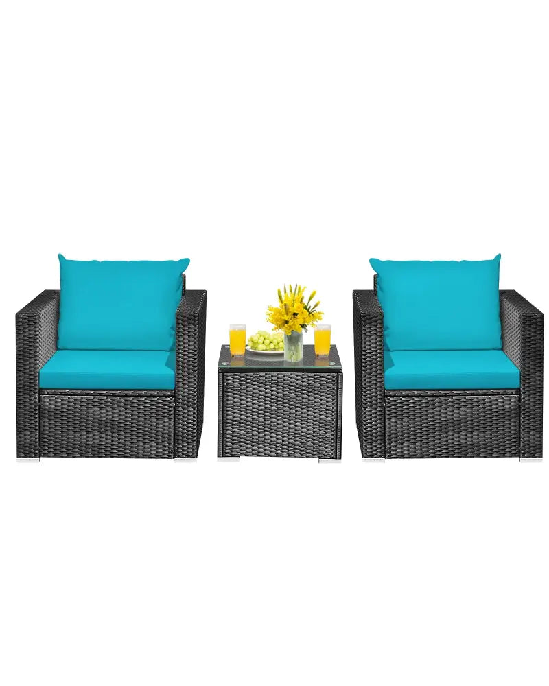 3 Pieces Patio Wicker Conversation Set with Cushion-Turquoise - Turquoise - Patio Conversation Sets