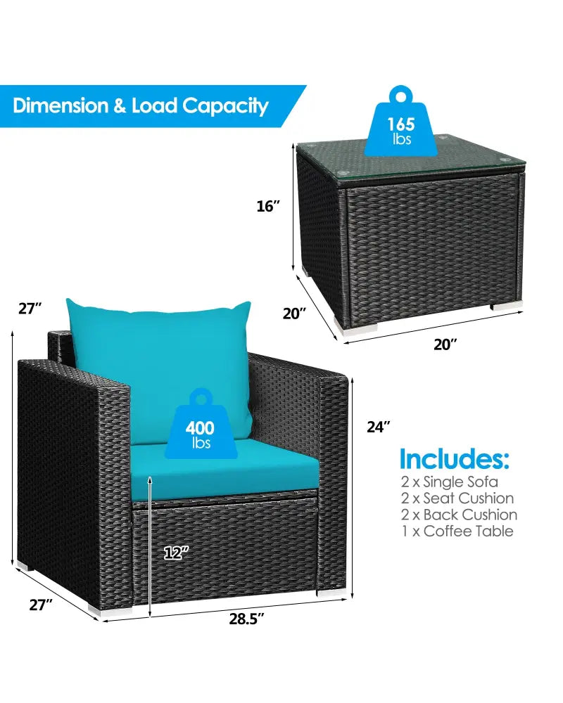 3 Pieces Patio Wicker Conversation Set with Cushion-Turquoise - Turquoise - Patio Conversation Sets