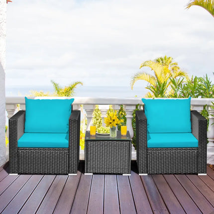 3 Pieces Patio Wicker Conversation Set with Cushion-Turquoise - Turquoise - Patio Conversation Sets