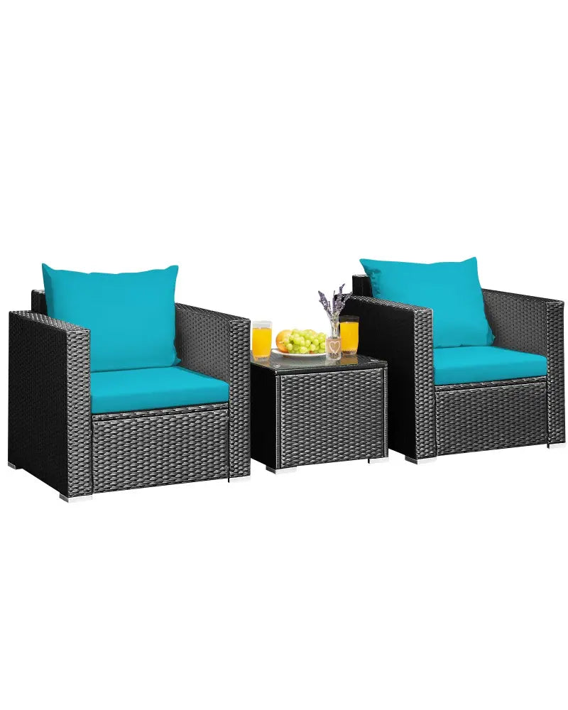 3 Pieces Patio Wicker Conversation Set with Cushion-Turquoise - Turquoise - Patio Conversation Sets