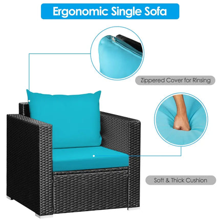 3 Pieces Patio Wicker Conversation Set with Cushion-Turquoise - Turquoise - Patio Conversation Sets