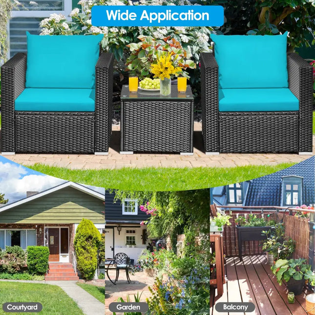 3 Pieces Patio Wicker Conversation Set with Cushion-Turquoise - Turquoise - Patio Conversation Sets