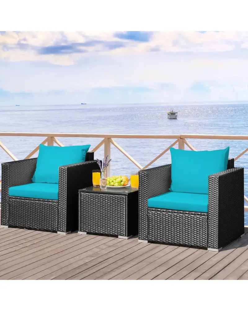 3 Pieces Patio Wicker Conversation Set with Cushion-Turquoise - Turquoise - Patio Conversation Sets