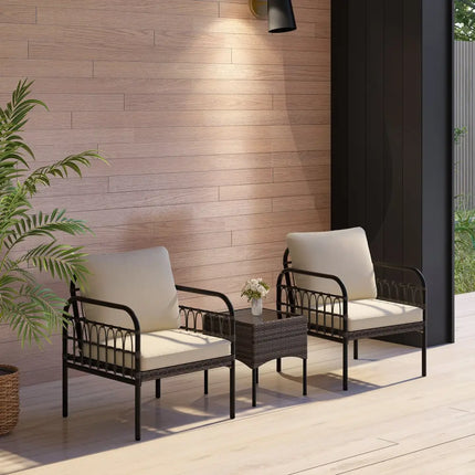 3 Pieces Patio Wicker Conversation Set with Cushions and Tempered Glass Coffee Table-Beige - Beige - Patio Conversation