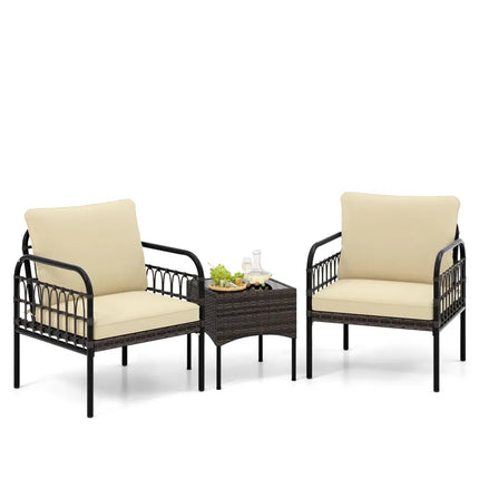 3 Pieces Patio Wicker Conversation Set with Cushions and Tempered Glass Coffee Table-Beige - Beige - Patio Conversation