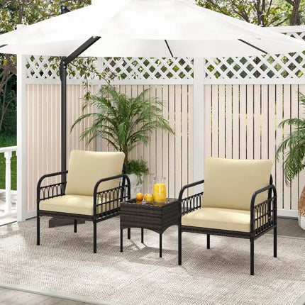 3 Pieces Patio Wicker Conversation Set with Cushions and Tempered Glass Coffee Table-Beige - Beige - Patio Conversation