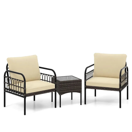 3 Pieces Patio Wicker Conversation Set with Cushions and Tempered Glass Coffee Table-Beige - Beige - Patio Conversation
