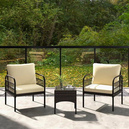 3 Pieces Patio Wicker Conversation Set with Cushions and Tempered Glass Coffee Table-Beige - Beige - Patio Conversation