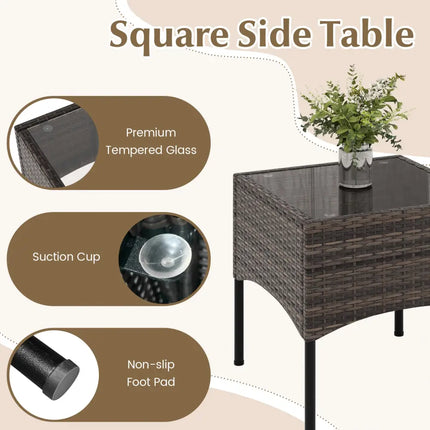 3 Pieces Patio Wicker Conversation Set with Cushions and Tempered Glass Coffee Table-Beige - Beige - Patio Conversation