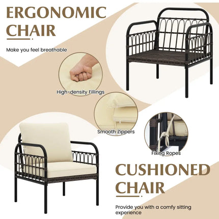 3 Pieces Patio Wicker Conversation Set with Cushions and Tempered Glass Coffee Table-Beige - Beige - Patio Conversation