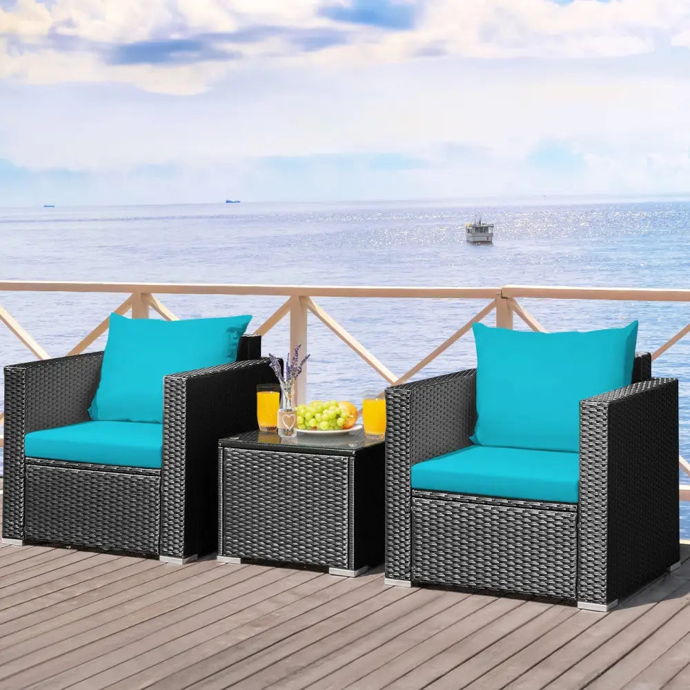 3 Pieces Patio Wicker Conversation SetÂ with Cushion-Turquoise - Turquoise - Patio Conversation Sets