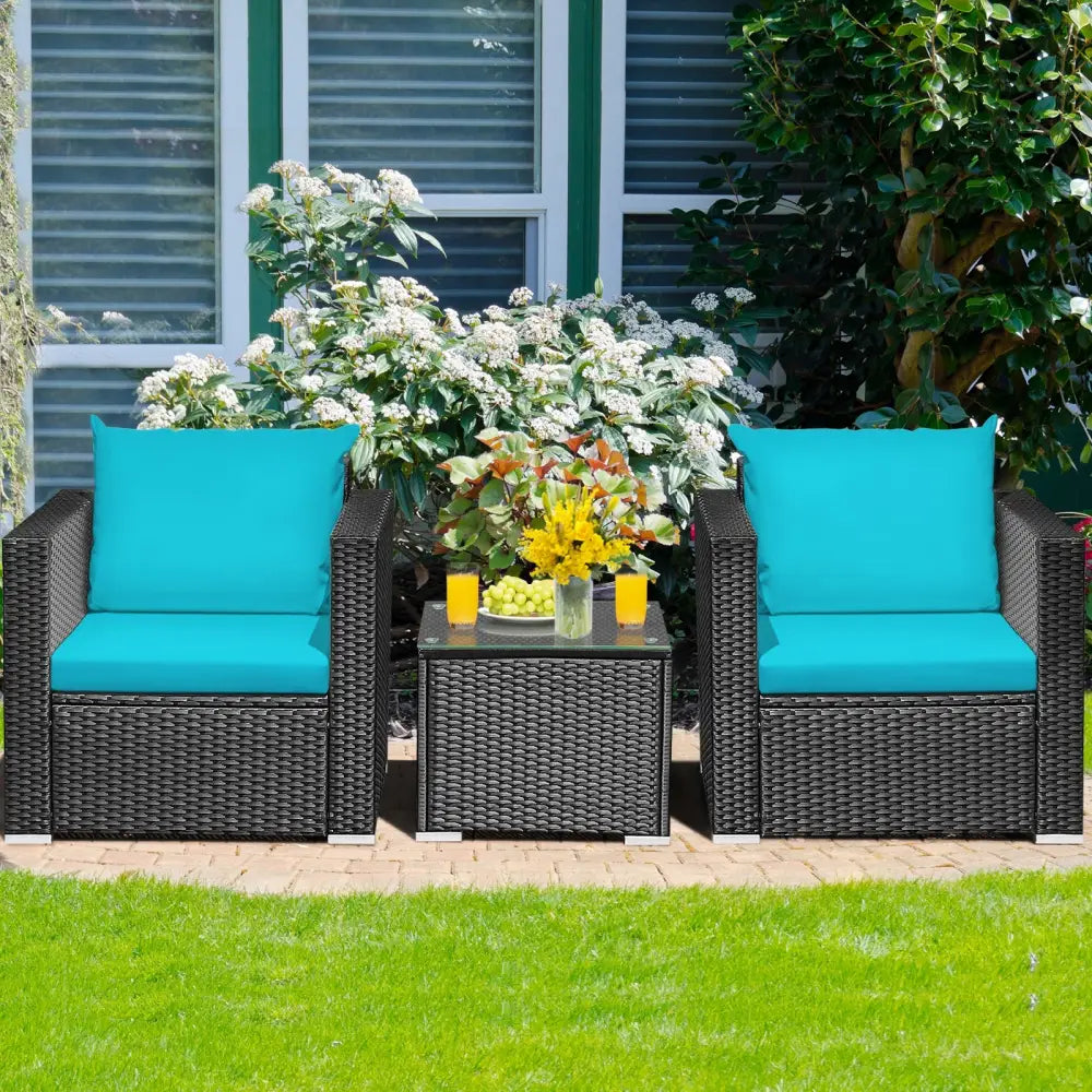 3 Pieces Patio Wicker Conversation SetÂ with Cushion-Turquoise - Turquoise - Patio Conversation Sets